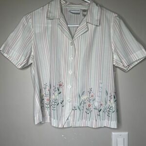 Alfred Dunner Petite Striped Embroidered Floral‎ Button Up Shirt Women 6P